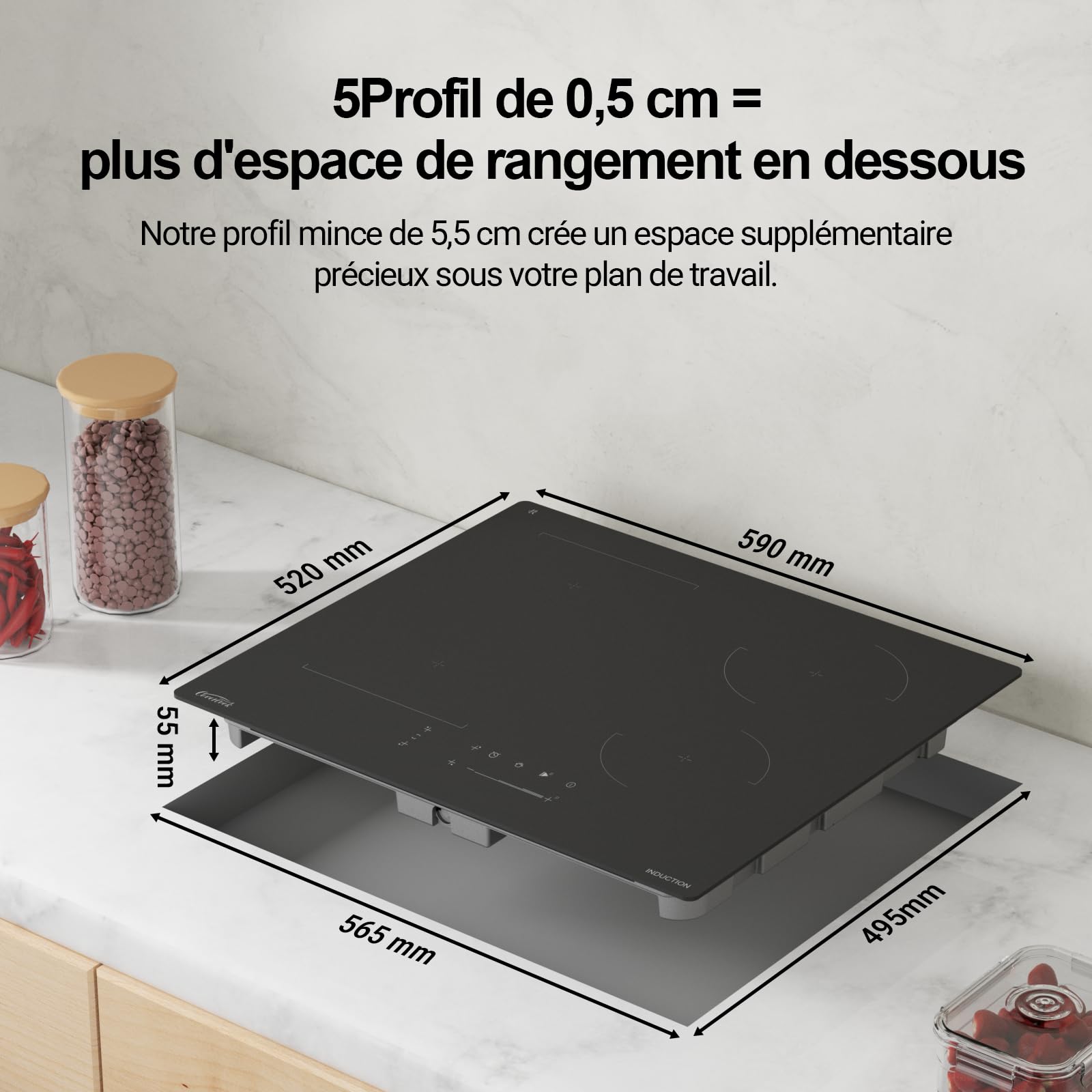 Table de cuisson électrique à induction 59 cm, plaques chauffantes encastrables avec zone pont, 7000 W, 240 V, verre mat, résistant aux rayures, fonction pause et maintien au chaud