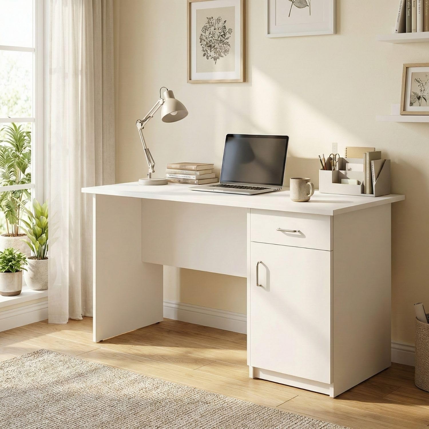 FFO Wooden Computer Table with Storage – Study Desk for Students & Adults, Writing Table, Laptop Desk, Office Work Table for Home, White Finish DIY Assembly