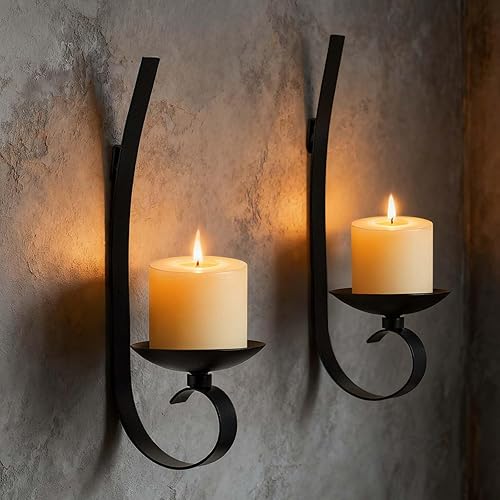Set of 2 Black Wrought Iron Wall Mount Candle Sconces