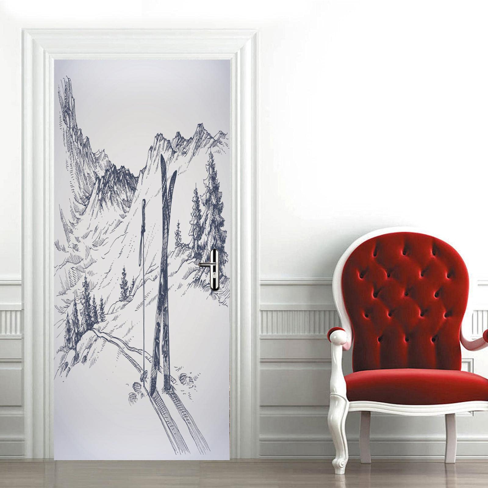 LuSeven papier peint trompe loeil Lac montagne enneigée escaliers 40x120cm(15.74 inches * 47.24 inches) Stickers Porte Poster Couloir 3D Papier Peint Porte Trompe L'Oeil Pour Salon Chambre Décoration
