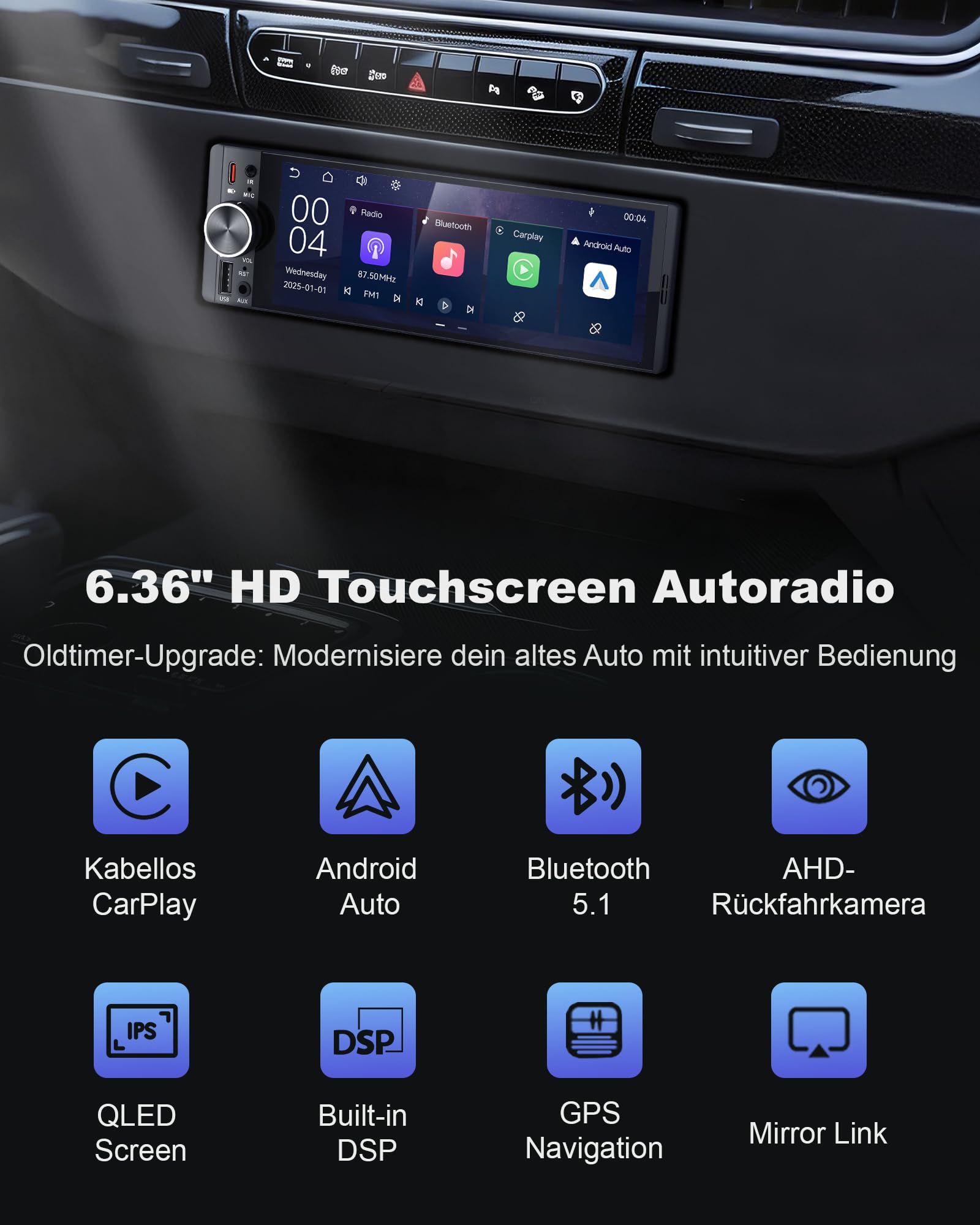 DAB/DAB+ 6,36 Zoll 1 DIN Autoradio mit Drahtlosem CarPlay & Android Auto, Schnellladung, Drahtloser Spiegel-Link, Voice Control, AHD Rückfahrkamera & Mikrofonunterstützung/DSP/SUB/AUX/AM/FM/RDS