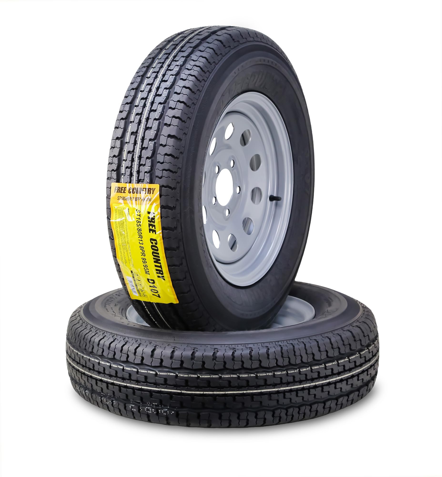 Free Country Trailer Tire Wheel Assembly ST185/80R13 8-Ply D 98N 5 Lug on 4.5" PCD Silver Mod Rim,SET 2