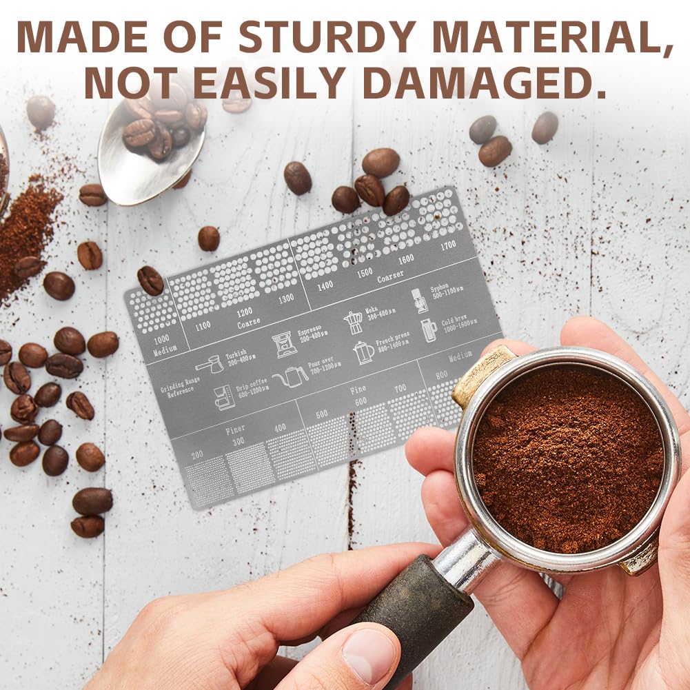 HOTUT Règle de mesure du marc de café, règle de mouture du café en acier inoxydable pour mesurer rugosité poudre café, Taille mouture de café, carte mesure café moulu pour maison, cafés, bars
