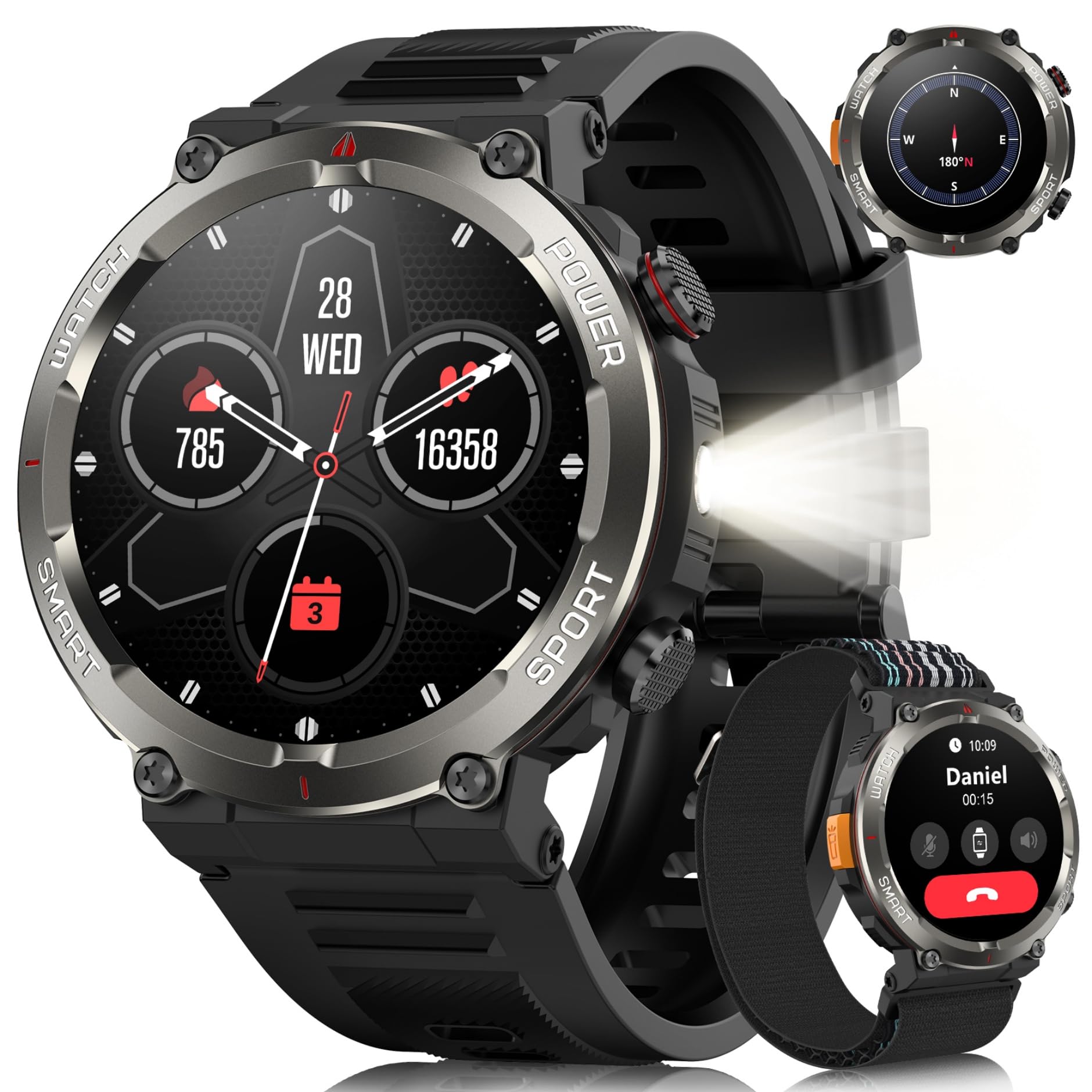 Yxtel Reloj Inteligente Hombre Militar, 1.45" Smartwatch con Llamadas Bluetooth, 960mAh, Linterna LED, Brújula, 123 Modos Deporte, Monitor Cardíaco 24h/SpO2/Sueño, IP68, 2 Correas (iOS/Android) Carbonfree Certified