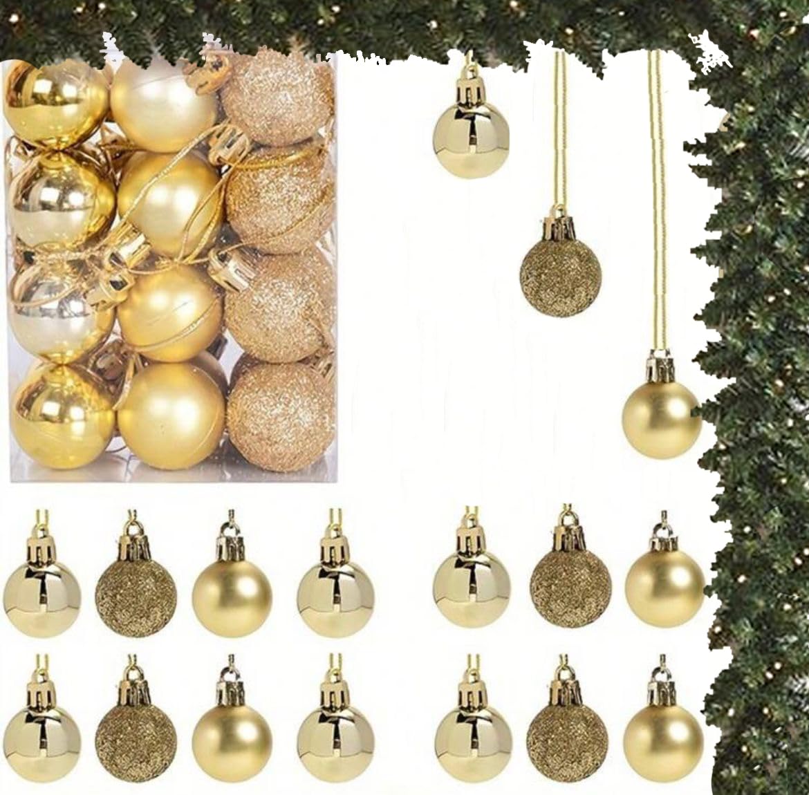 Juego 24 Bolas Navidad Roja | Adorno Navideño | Decoración Árbol Navidad | Bolas plástico 3 cm | Buró design (Dorado)