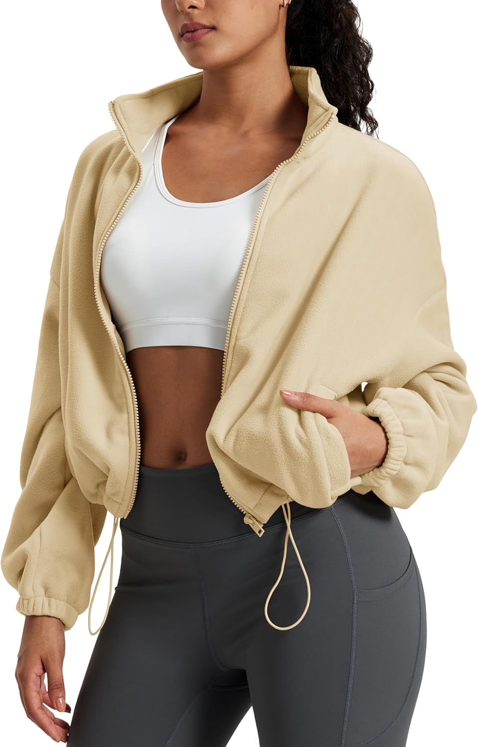 MAGCOMSEN Women's Cropped Fleece Jacket Full Zip Stand Collar Workout Short Sherpa Coat Winter Sweatshirt - Image 2