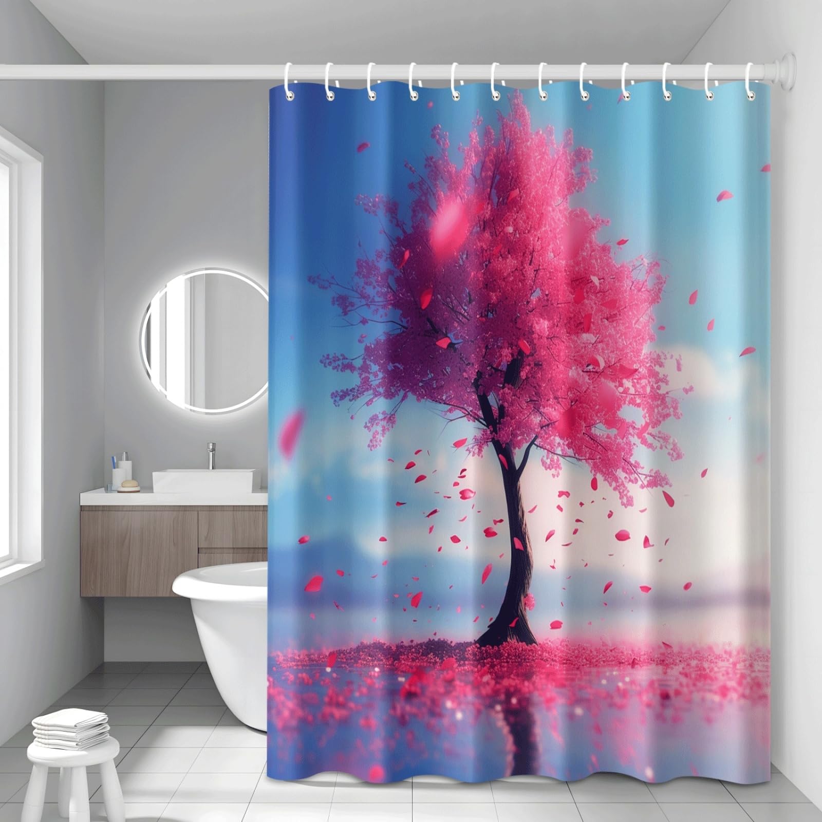 Shower Curtain Blue Pink Leaves Mould Resistant Shower Curtains for Bathroom Washable Polyester Bathroom Curtains Decor Wet Room Quick Dry Anti Mould Bath Curtain with 12 Hooks 180x220cm