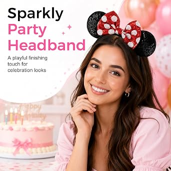 Mouse Ears Headbands, Sparkly Sequin Bow Headbands Glitter Elastic Adjustable Headband Cosplay Costume for Women Birthday Halloween Party Decoration Gifts Accessories F4-SEFG