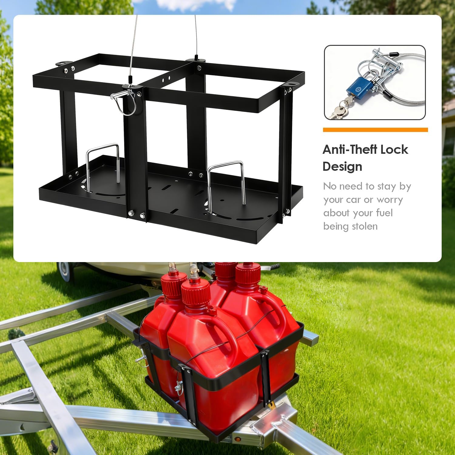 Gas Can Holder for Trailer, Fuel Jug Holder, with 4 Fixed Columns and Locking Straps, Fit for Holding Two 5 to 5.5 Gallon Gas Cans（Compatible with VP Racing 5.5 Gallon Fuel Cans）