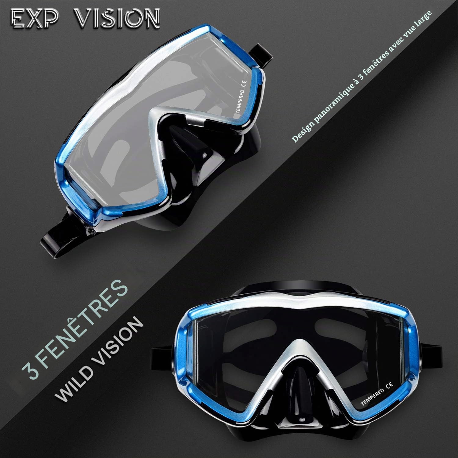 Masque de plongée Pano 3 Adulte - Masque de plongée en Verre trempé - Lunettes de plongée Anti-buée Lunettes de Natation avec Couvre-Nez pour la plongée en apnée, la plongée en apnée, la Natation