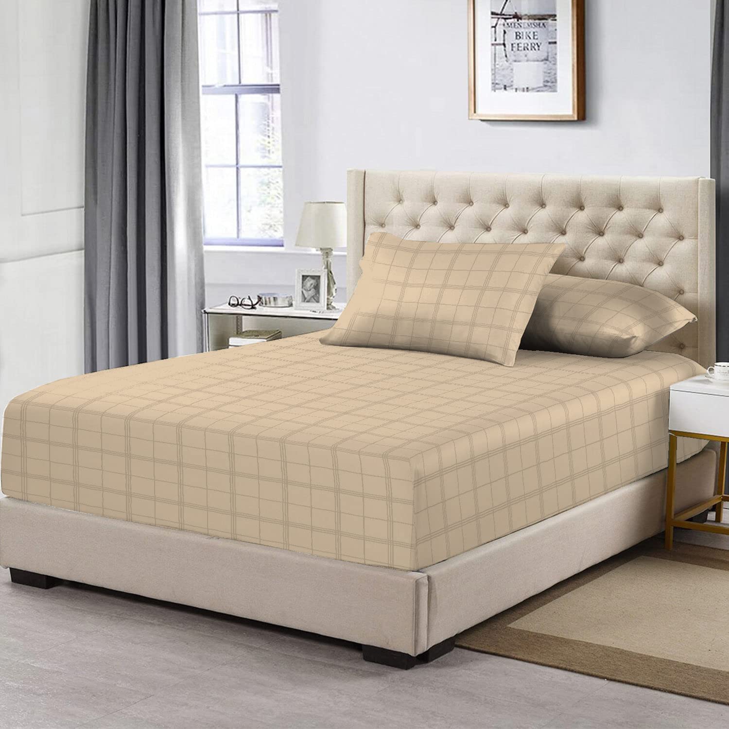 Pizuna 100% Cotton Taupe Big Checks Fitted Sheets, 300 Thread Count Long Staple Combed Cotton Damask Bedding