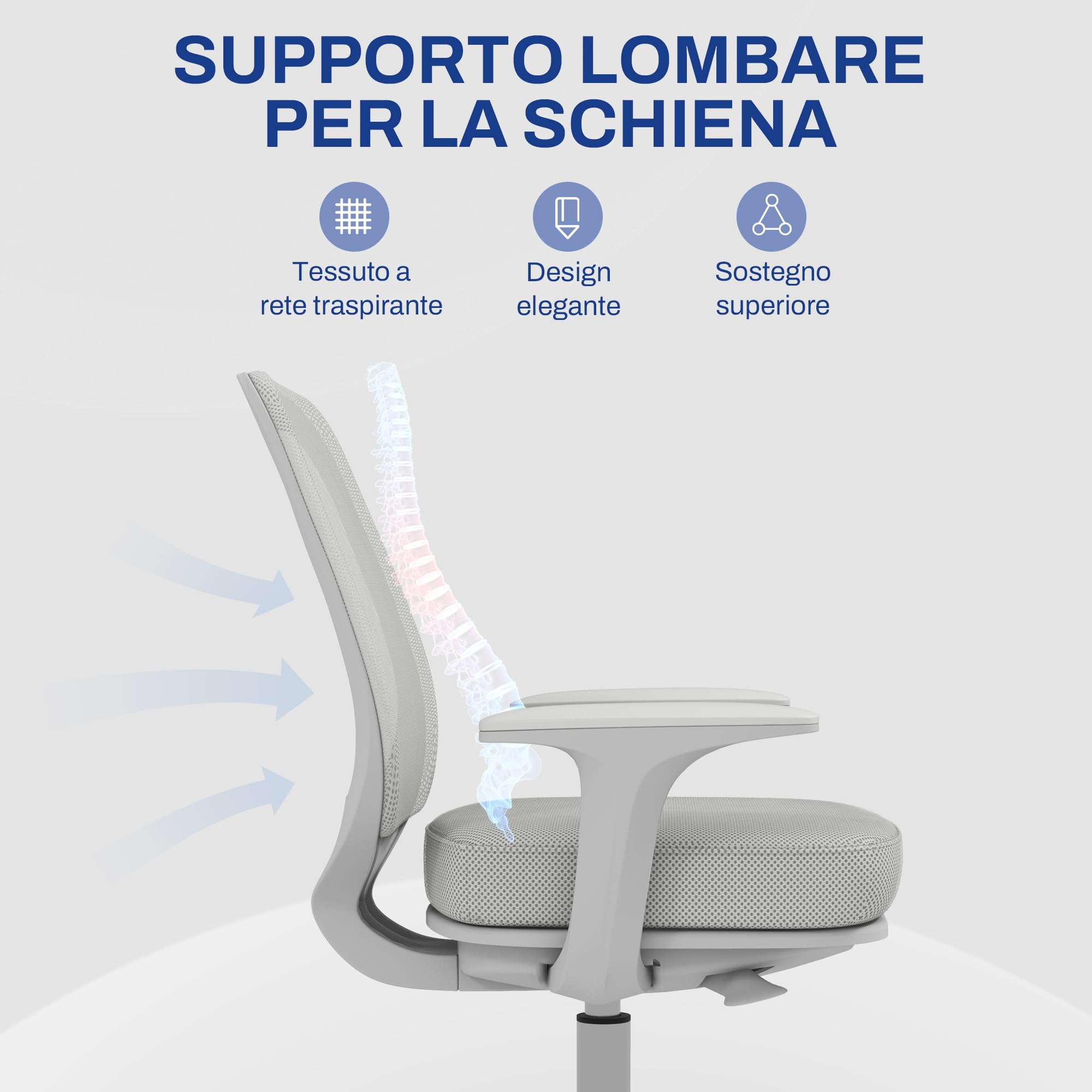 Vinsetto Sedia Ufficio Ergonomica ad Altezza Regolabile Grigio | Schienale Traspirante, Sedia da Scrivania, Tessuto a Rete, Cameretta, 55x48x82.5-94.5 cm