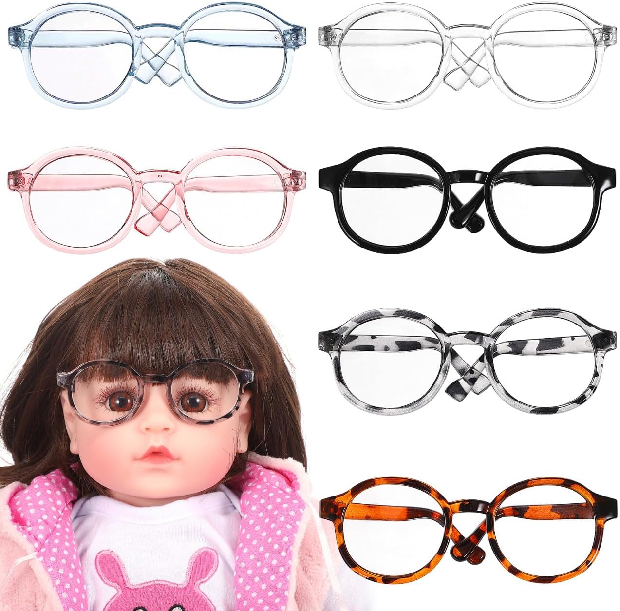 TOYANDONA Doll Glasses for 18 inch Doll Accessories, 6 Colors Round Mini Eyeglasses Dress Up Glasses with Clear Lens for Crafts Pets Creating Different Character Looks