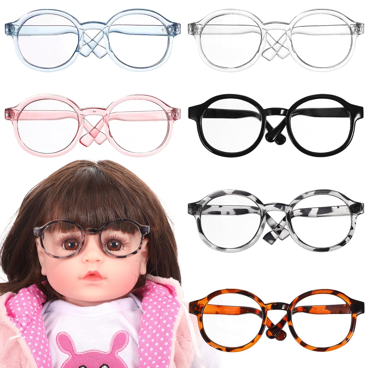TOYANDONA Doll Glasses for 18 inch Doll Accessories, 6 Colors Round Mini Eyeglasses Dress Up Glasses with Clear Lens for Crafts Pets Creating Different Character Looks