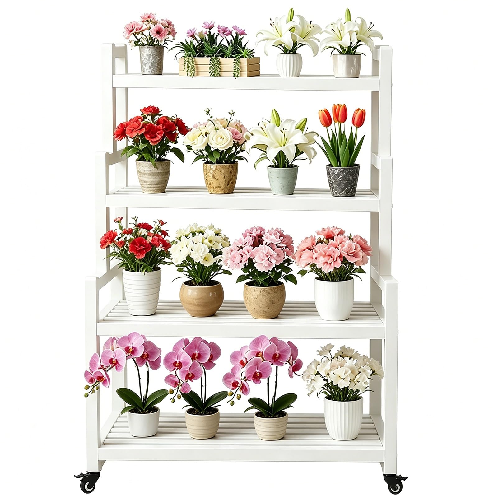 DMCHENGMA 4-Level Plant Stand | White Metal Tiered Flower Holder, Sturdy Wrought Iron Shelf for Small Spaces, Balcony & Windowsill Use(80x40x145cm)