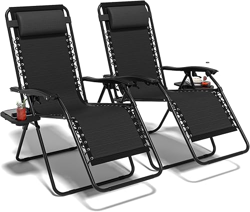 Miniatura 8 de Juego de 2 sillas reclinables ajustables de gravedad cero para exteriores, con bandeja portavasos, almohadas extraíbles, silla reclinable ergonómica