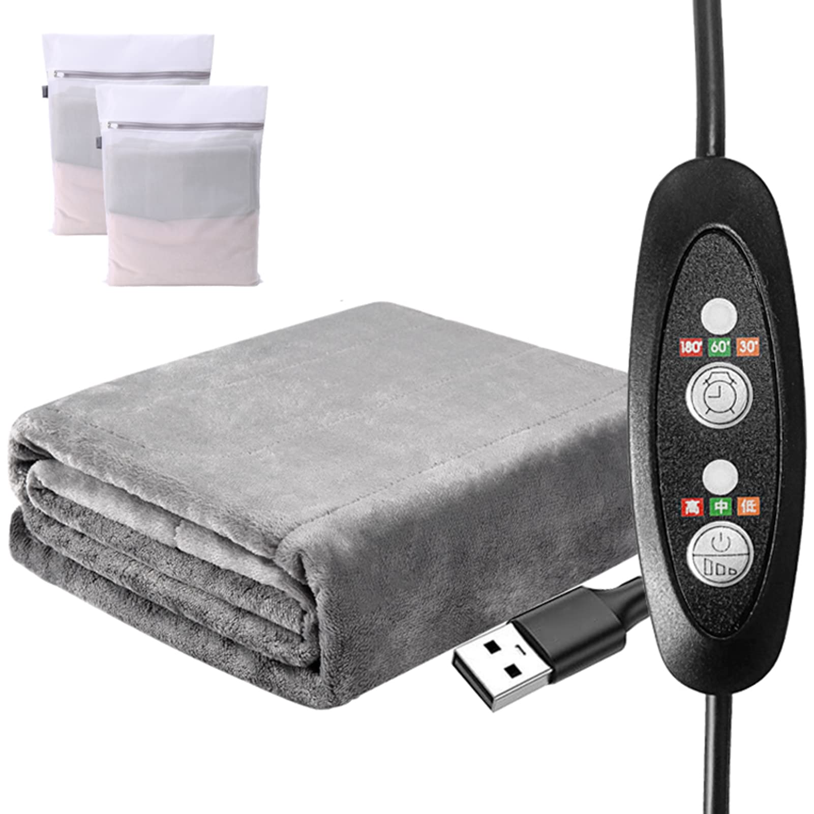 Elektryczny podgrzewany koc Koc podgrzewany USB, przenośny flanelowy koc podgrzewany do domowego biura, 3 ustawienia ogrzewania i 3 ustawienia czasu, beżowy (szary) (szary)