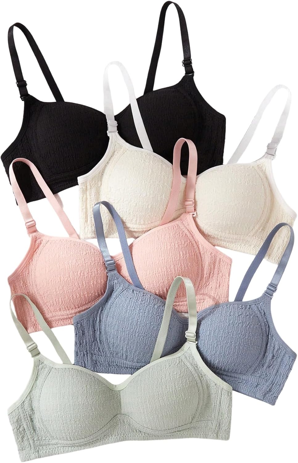 OYOANGLE Girl's 5 Pack Training Bras Textured Adjustable Strap Wireless Bralette Comfortable Everyday Bra
