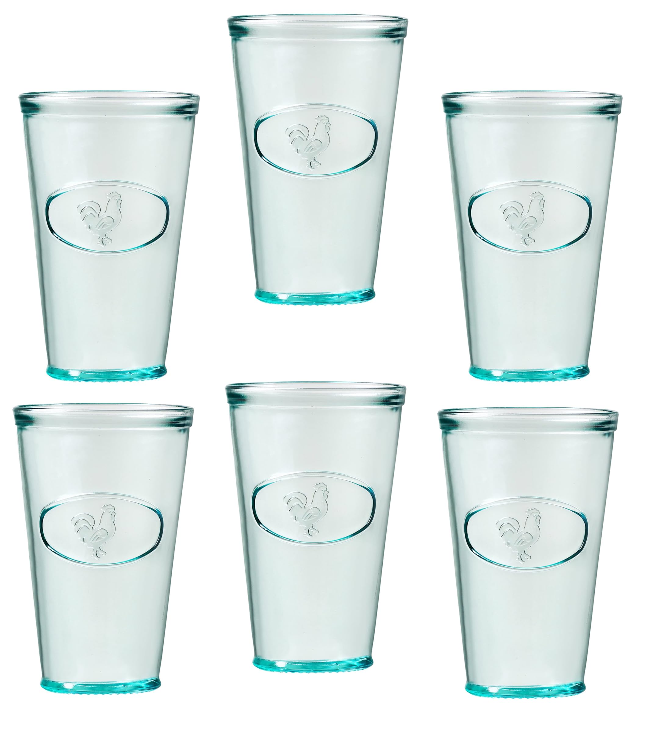 Amici Home Rooster Hiball Glass | 16 Oz | Italian Made, Recycled Glass with Green Tint | Drinking Glass with Embossed Design for Water, Juice, Cocktails (Set of 6)