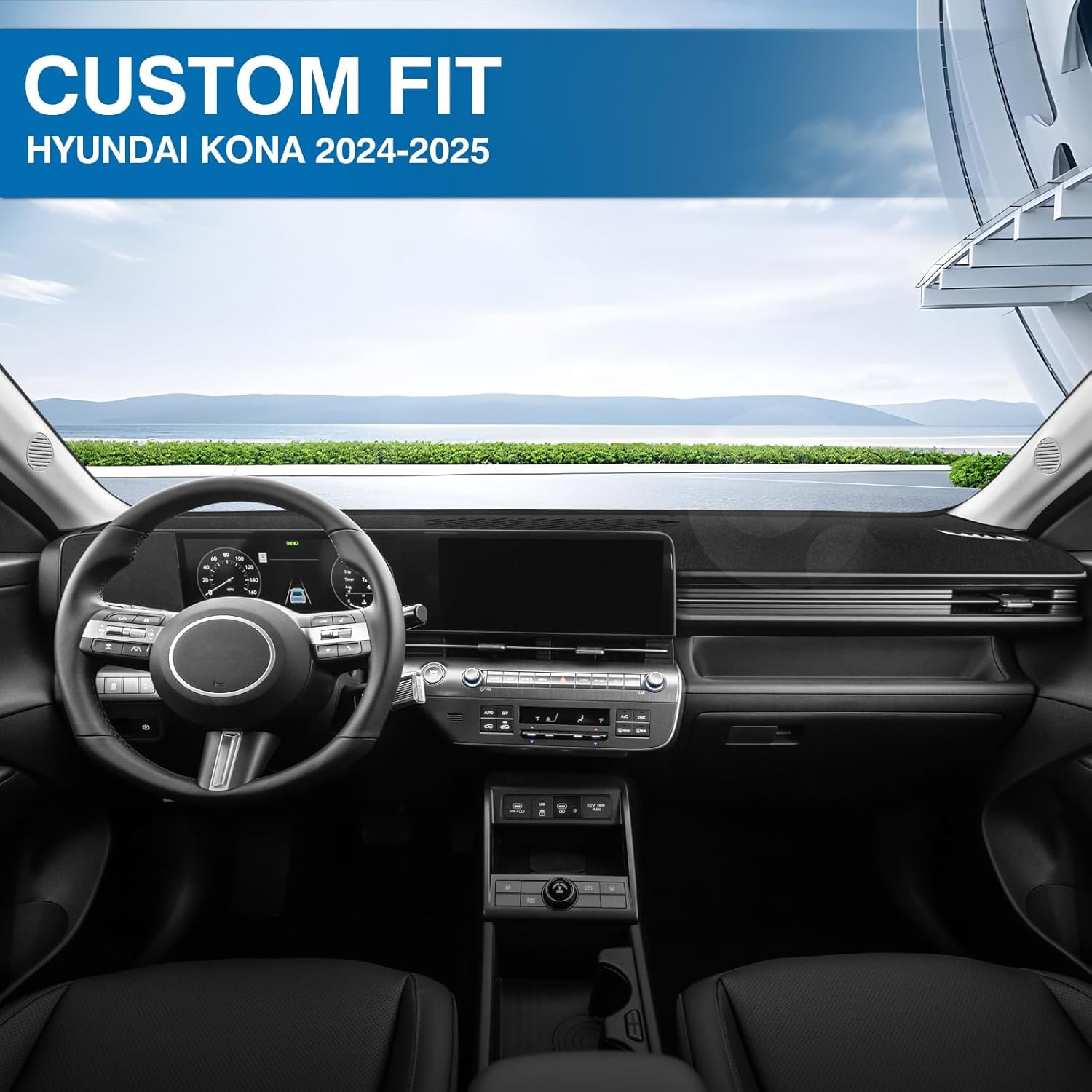 KUST Black Dash Cover for Hyundai Kona 2024 2025 2026 Polyester Dashboard Cover Non-Slip Interior Accessories for Hyundai Kona Custom Fit Dash Mat Sunshade Windshield No Glare