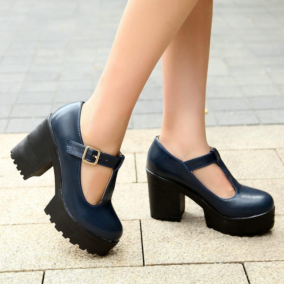 MAVMAX Women's T-Strap Platform Gothic Chunky High Heel Pumps Round Toe Vintage Mary Jane Shoes