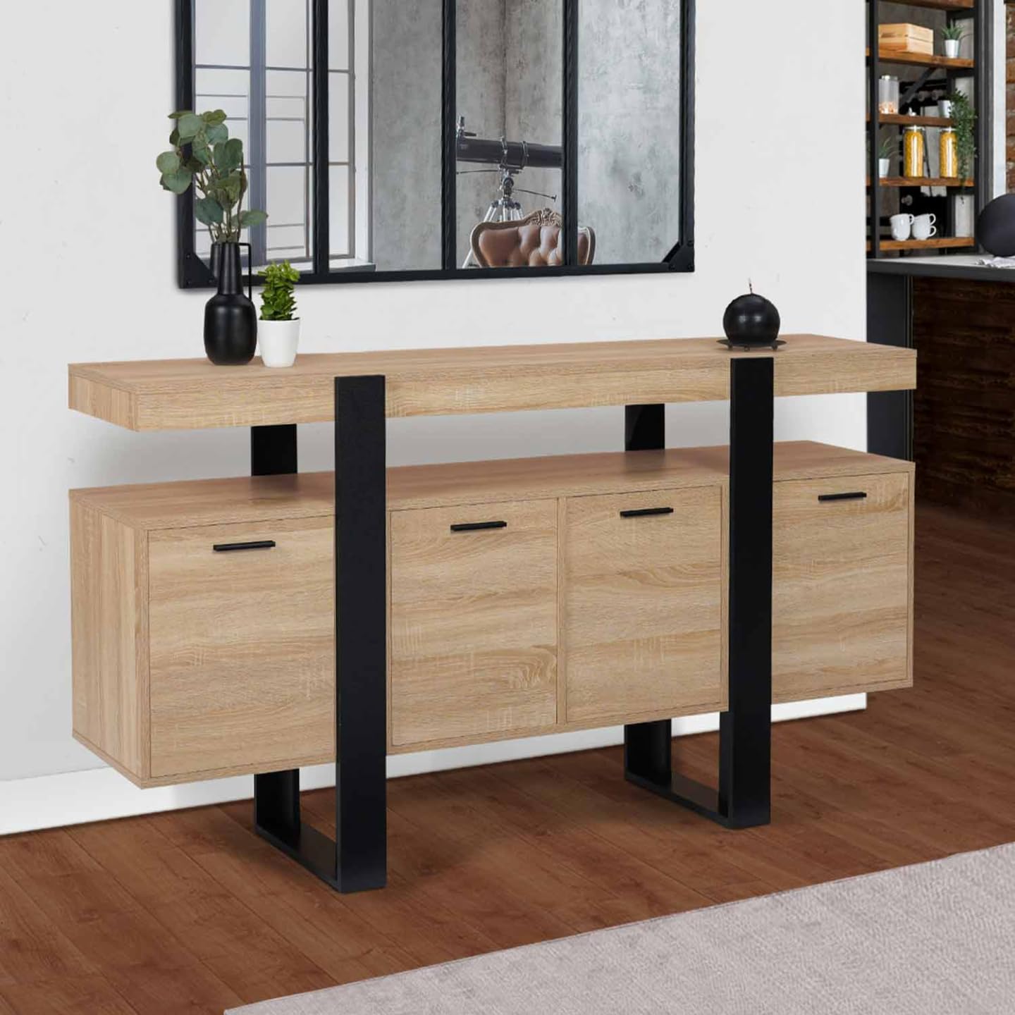 IDMarket - Mueble aparador Phoenix XXL de 160 cm, 4 puertas, madera y negro