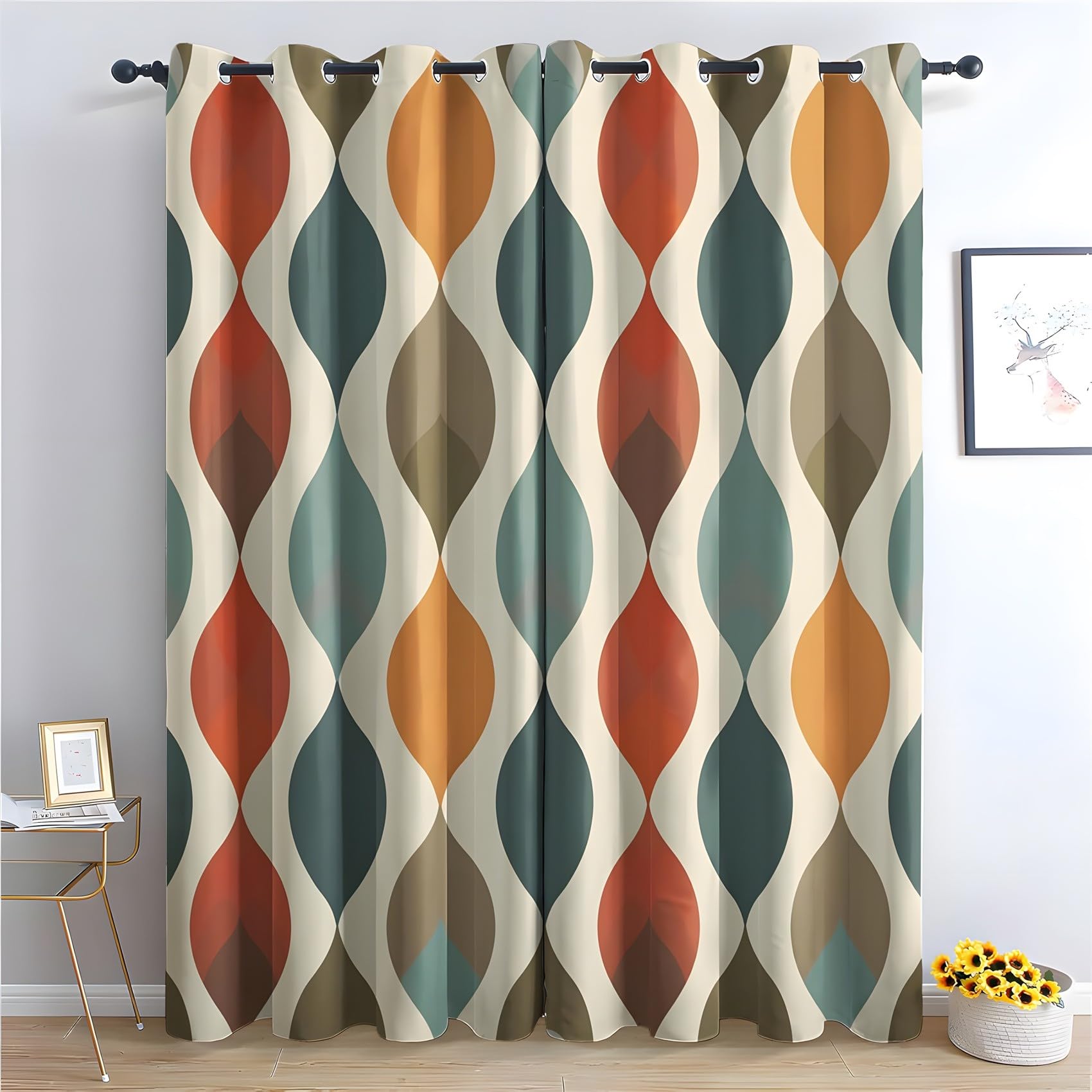 KaiHeBeding Geometric Blackout Curtains for Bedroom - Mid-Century Retro Living Room Curtains 46x54 Eyelet - Soft Thermal Insulated Patterned Drapes for Windows - 2 Panels