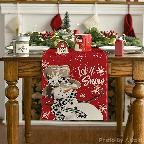 Miniatura 7 de Artoid Mode Camino de mesa de invierno con muñeco de nieve rojo, copo de nieve y copo de nieve para decoración de mesa de comedor de Navidad para