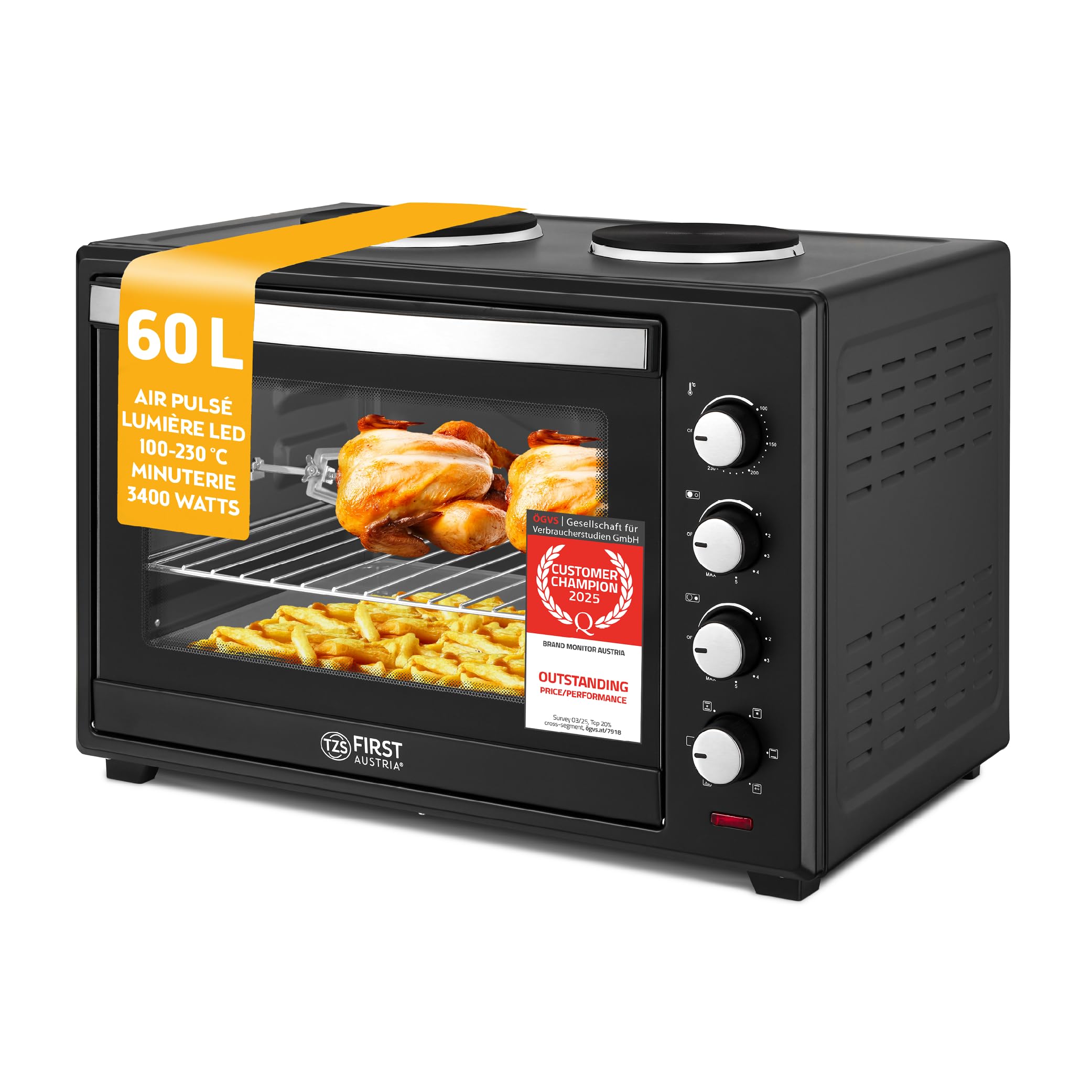 TZS First Austria - Mini-Four avec plaques de cuisson 60L 3200 W - Four à pizza jusqu'à 230°C et 6 modes de chauffage - Four multifonction avec 4 hauteurs d'insertion et accessoires de haute qualité