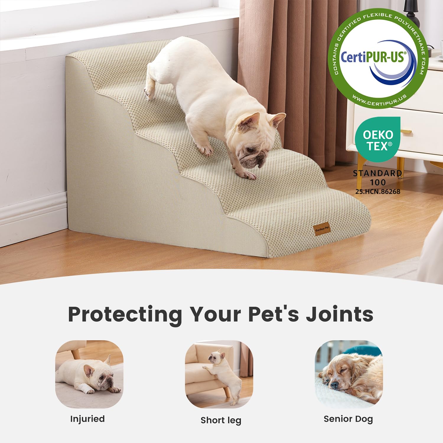 Gardner Pet Scala per Cani Piccoli 58cm, 5 Gradini, Rampina in Schiuma con Rivestimento Antiscivolo e Impermeabile per Letto, Divano e Auto, Beige