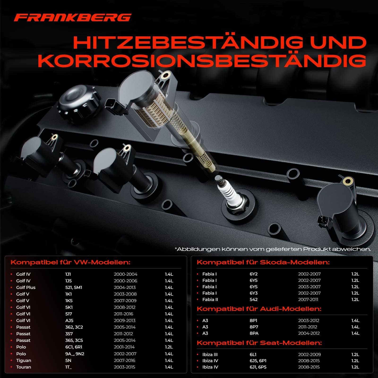 Frankberg 4x Bobine di accensione Benzina Compatibile con Golf IV 1J1 1.4L Golf VI 5K1 1.4L Golf V 1K1 1.4L Polo 6C1 6R1 1.4L Polo 6C1 6R1 1.2L Replace# 36905715