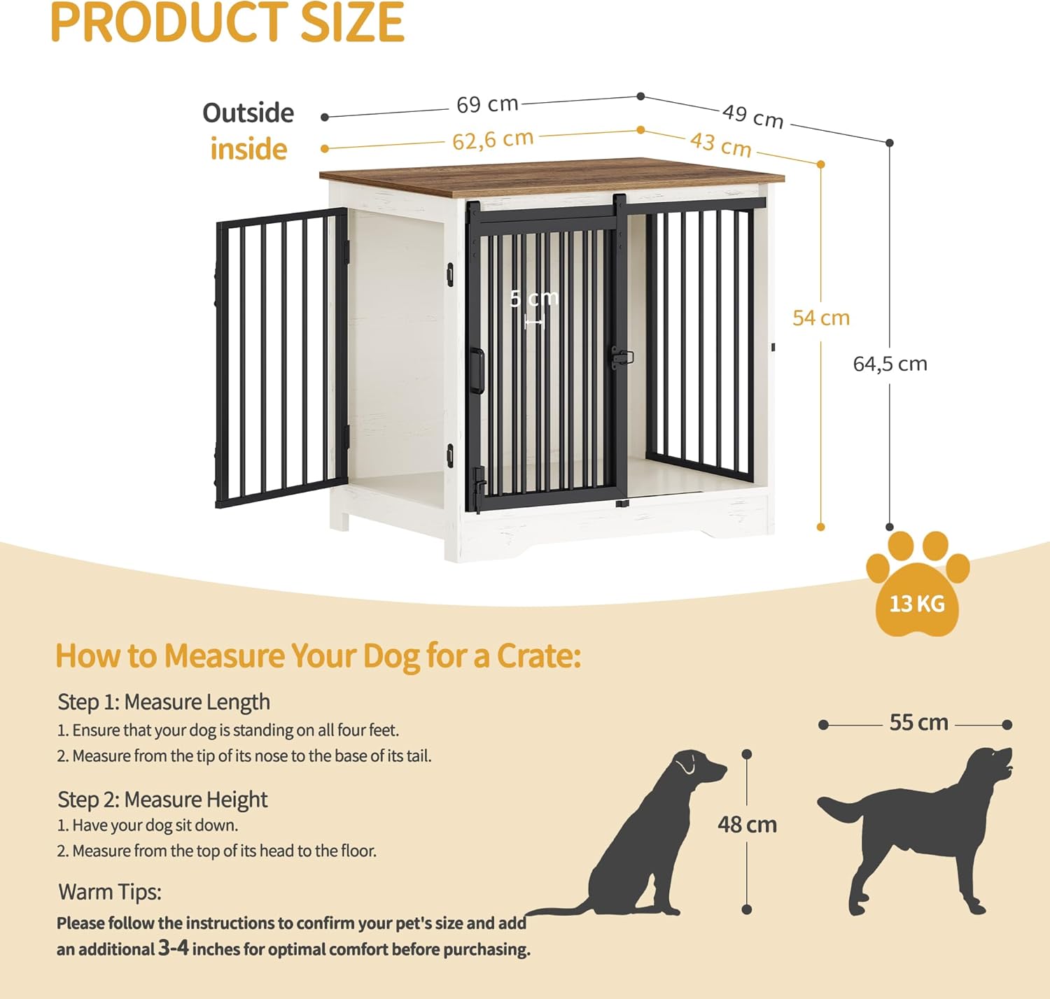 Diagram showing external and internal dimensions of the dog crate, along with a guide on how to measure a dog for proper crate sizing.