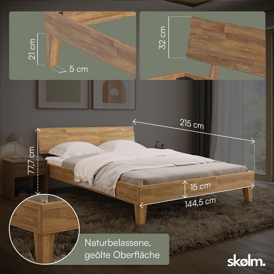 skølm Asgard Massivholzbett 140x200 cm - hochwertiges Holzbett aus Eiche mit Kopfteil – Bettgestell in Natur geölt - Bettrahmen geeignet als Doppelbett - Futonbett - Schlafzimmer Bett