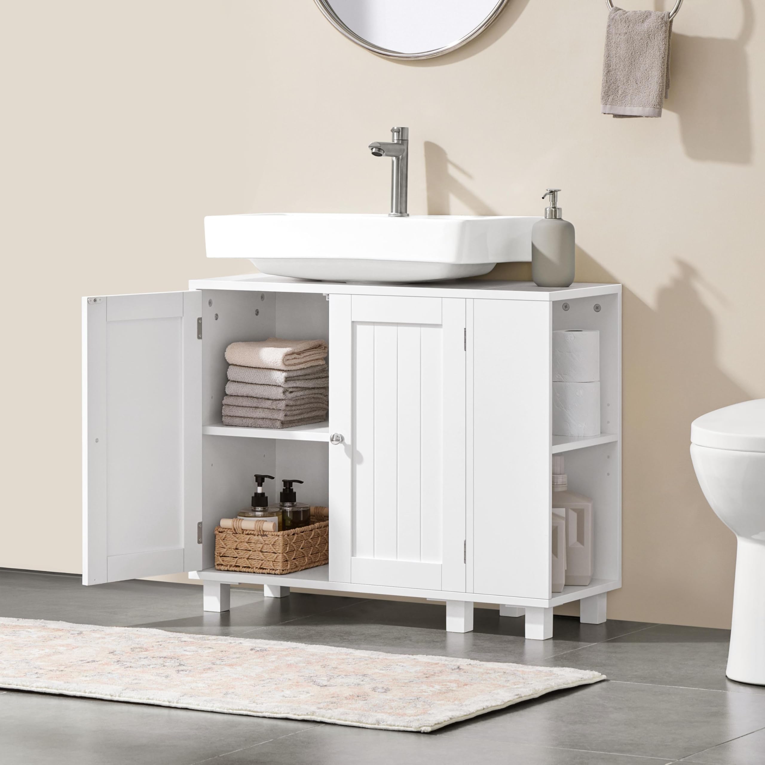 Yaheetech Mueble Bajo Lavabo, Armario de Baño, Apto para Lavabos con Pedestal, con Armario de Dos Puertas Estantes Ajustables Armario de Baño con Almacenamiento Lateral Abierto Ganchos, Blanco