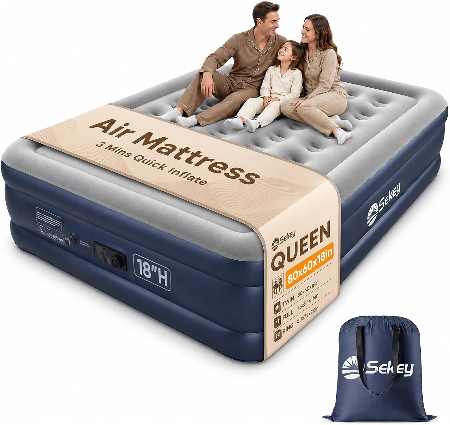 Sekey Queen Air Mattress with Built-in Pump, 18" Raised Blow Up Bed