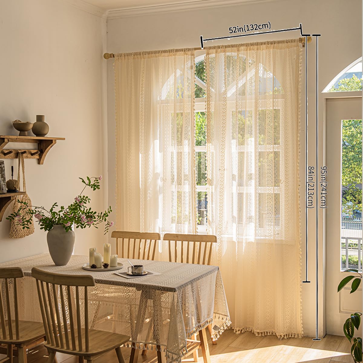 Rideau en dentelle style pôle bohème naturel pour chambre et salon