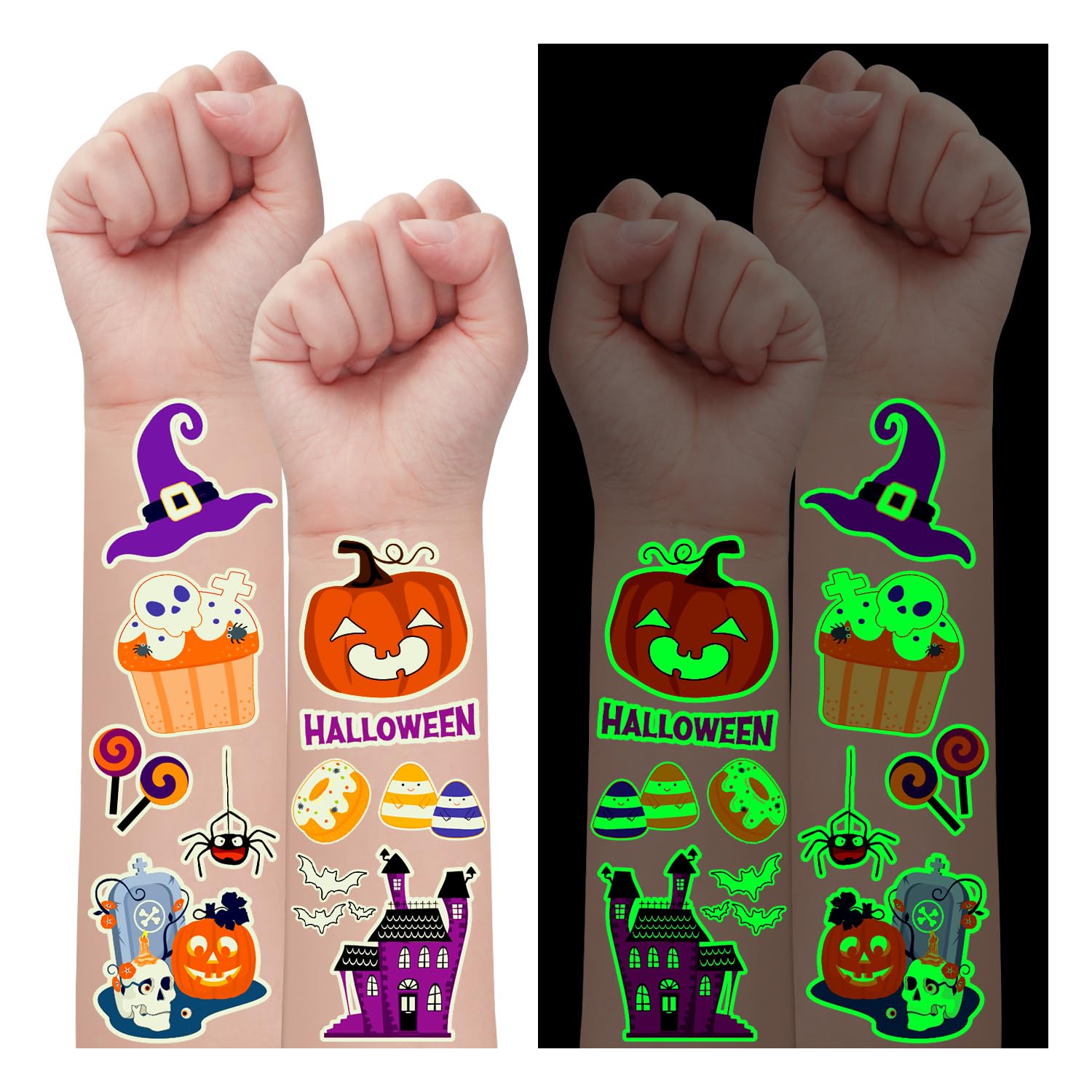 Partywind Glow Halloween Party Decorations for Kids, 125 Styles Luminous Halloween Tattoos with Pumpkin/Zombie/Ghost, Goodie Bag Stuffers Treats for Halloween Party Supplies (10 Sheets)