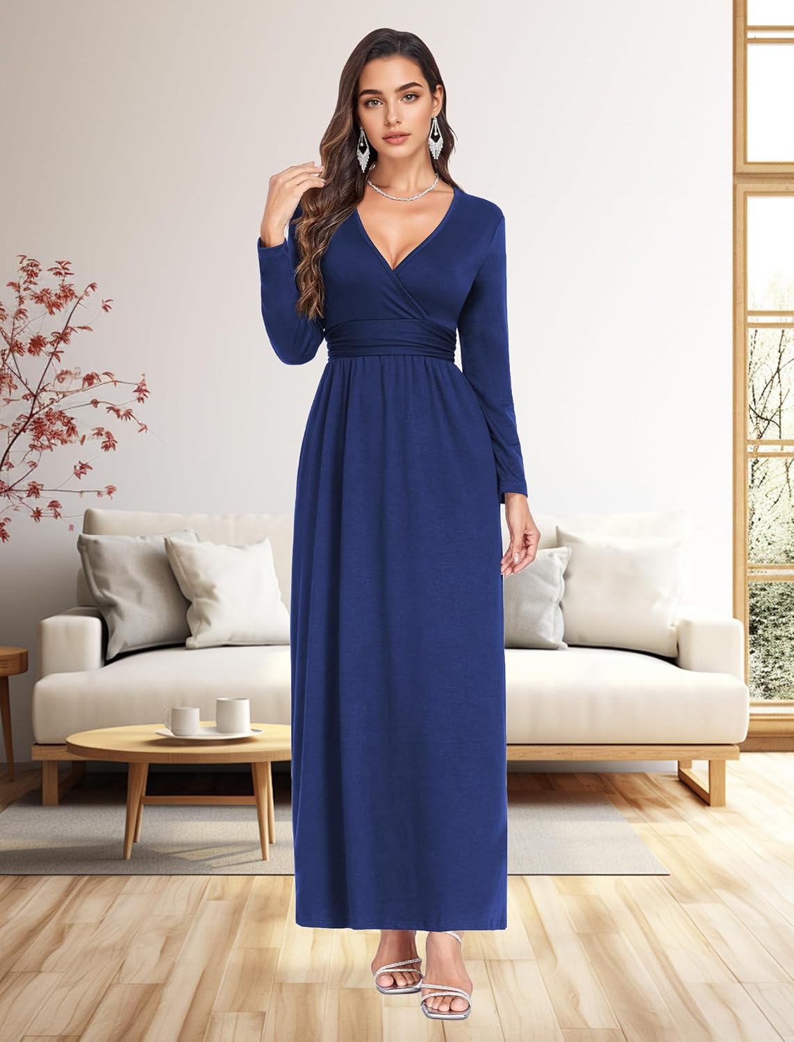 Lacavocor Women's Long Sleeve Deep V Neck Maxi Dress Casual Wrap Waist Long Dress with Pockets - Image 6