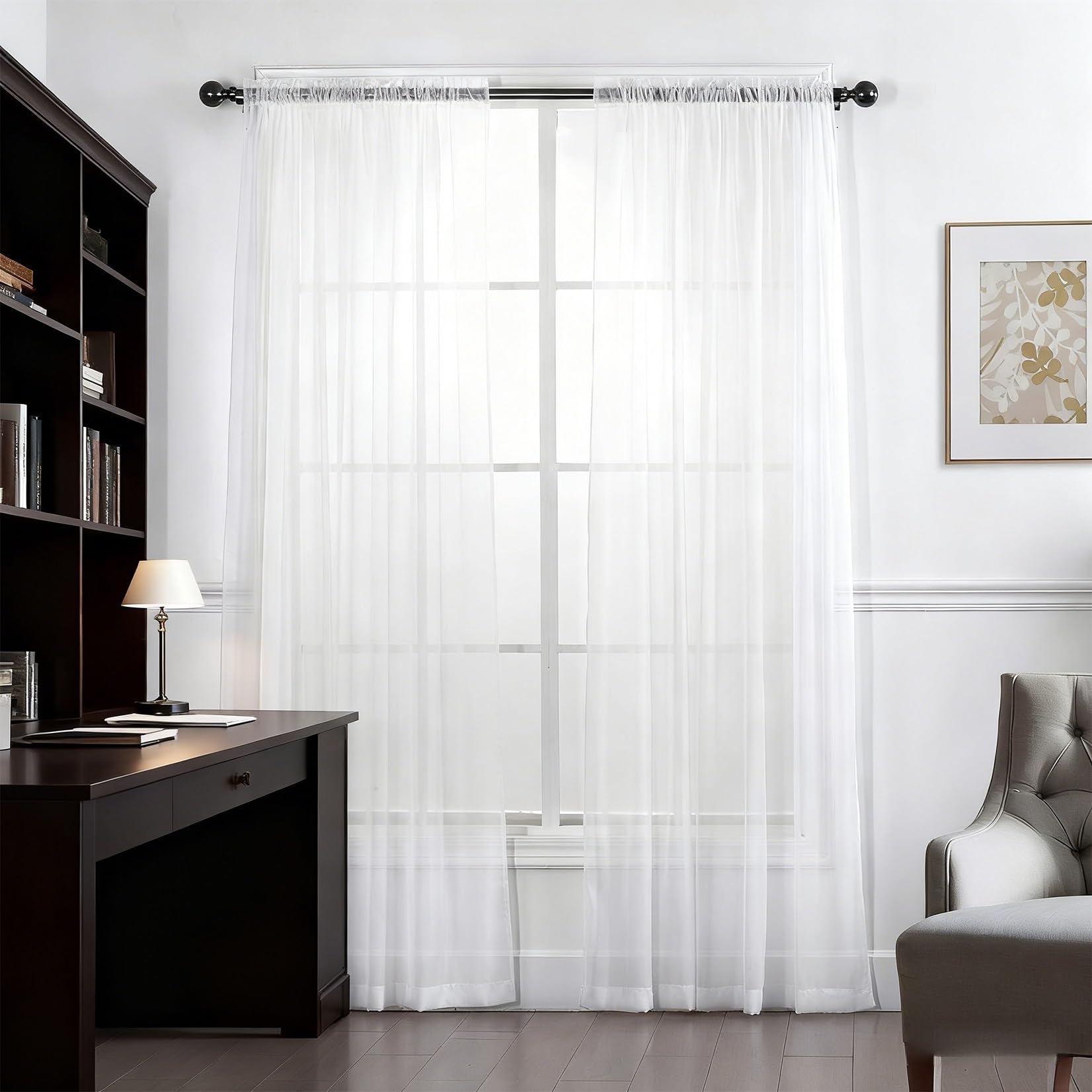 Voilage 220 x 210 cm Blanc | Rideau Demi Transparent en Polyester pour Fenêtre