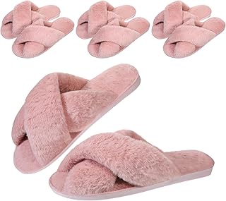 4 Pairs Women's Fuzzy Fluffy Slippers Cross Band Slippers Cozy Bridesmaid Shoes Open Toe Indoor and Outdoor