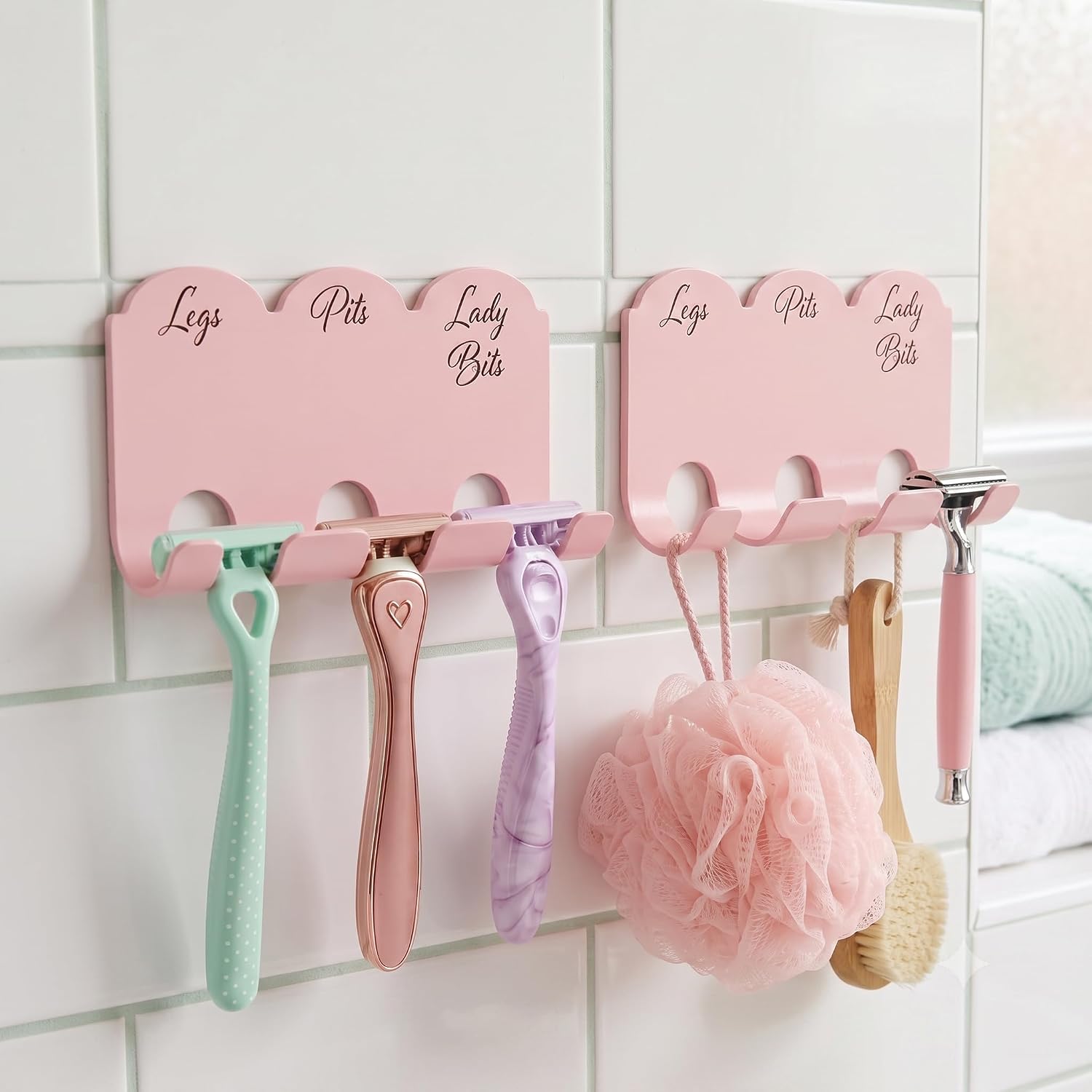 Razor Holder for Women - Shower Wall Shaver Hangers - Strong Adhesive, Rust-Free Aluminum, Holds 3 Shavers - Hygienic Razor Organizer - Quickly Identify Razors for Each Use - 2 Pack