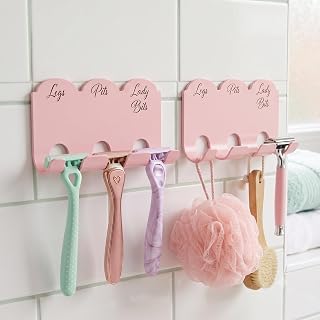 Razor Holder for Women - Shower Wall Shaver Hangers - Strong Adhesive, Rust-Free Aluminum, Holds 3 Shavers - Hygienic Razor Organizer - Quickly Identify Razors for Each Use - 2 Pack