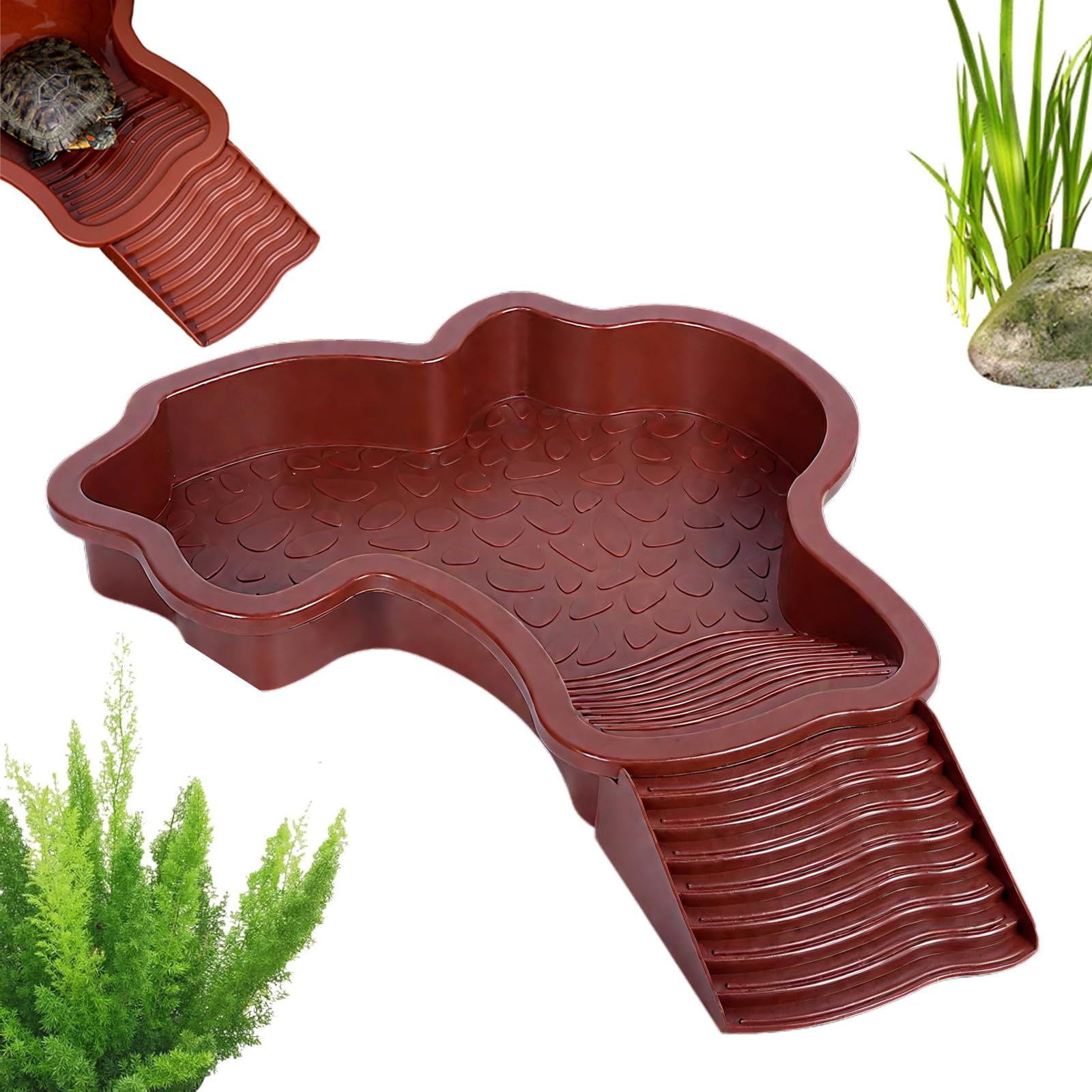 Tortoise Bath Dish, Tortoise Water Dish, Plastic Reptile Pool with Anti-Slip Ramp, Basking Platform & Drain, Feeding Box & Food Water Bowl for Tortoise Chameleon Scorpion Gecko (Brown)