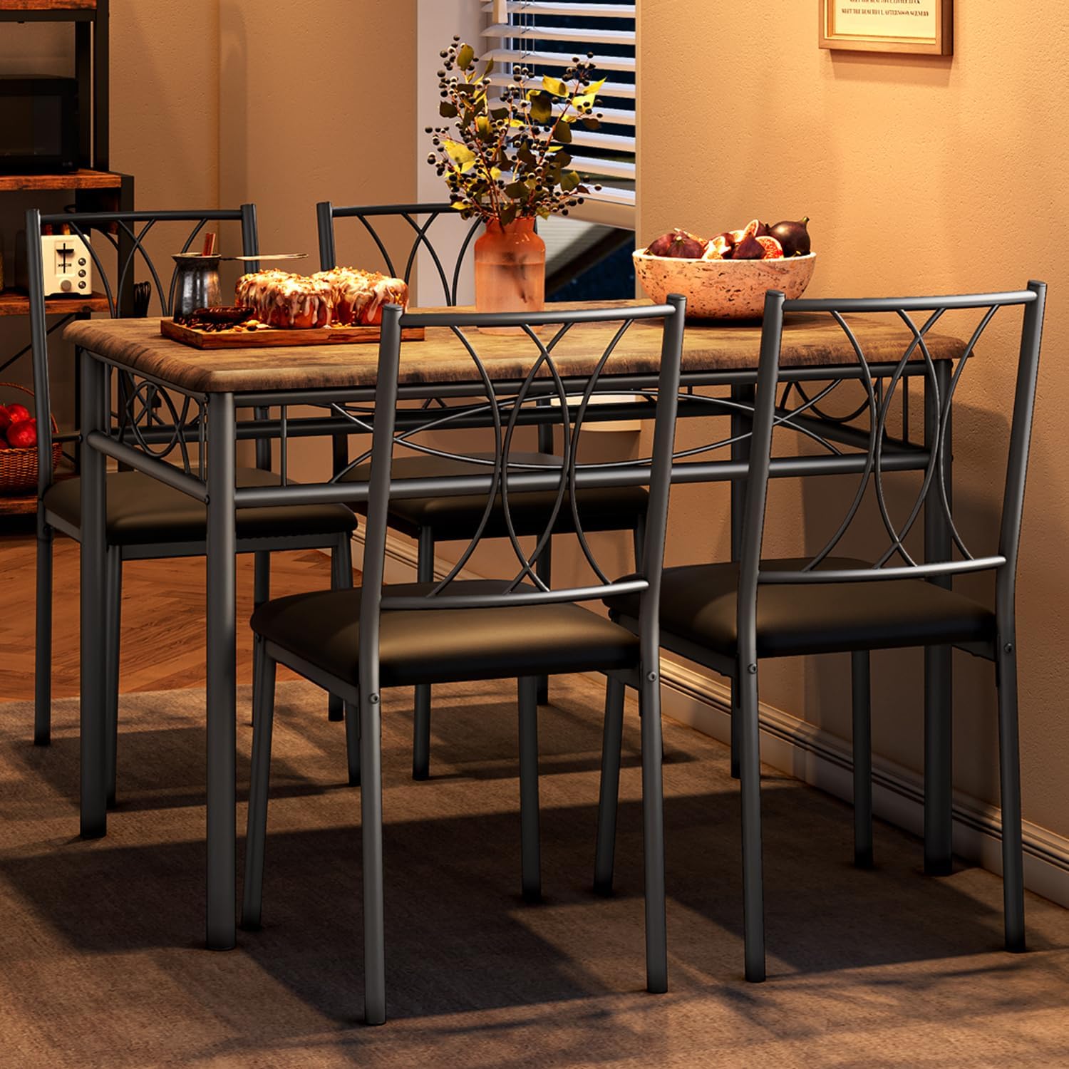 GAOMON Kitchen Dining Table Set with 4 Upholstered Chairs in Rustic Brown