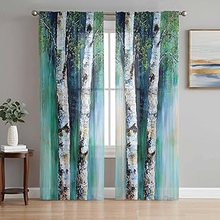 Teal Green Wood Print Sheer Window Chiffon Curtains 108 Inches Long, Vintage Trunk Leaf on Branch Windows Voile Curtain for Living Room, Elegant Light Filtering Window Drapes, 52"W x 108"L, 2 Panels