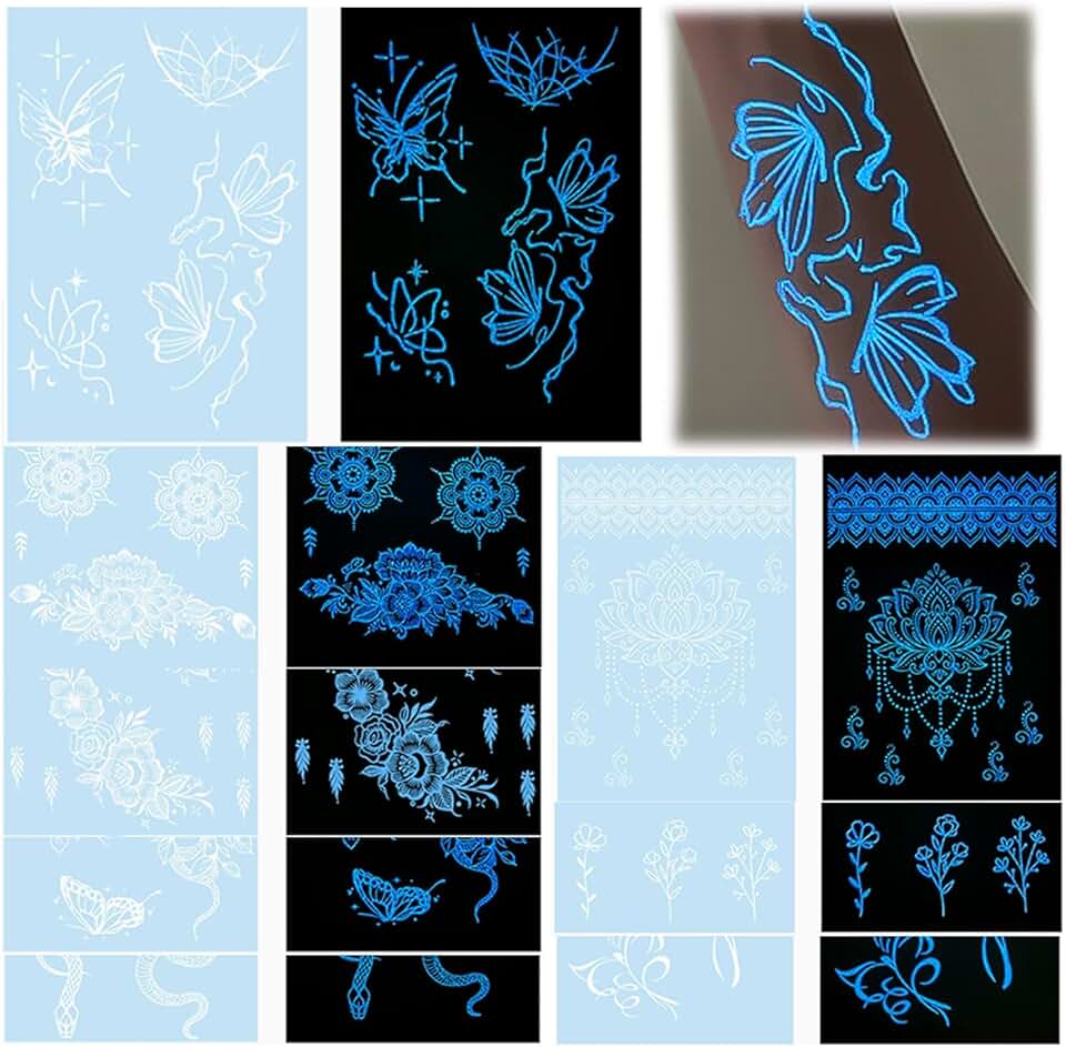 8 peças de tatuagens temporárias de henna com brilho noturno – branco de dia, azul à noite, tribal e floral adesivos de arte corporal para festival, festa, rave