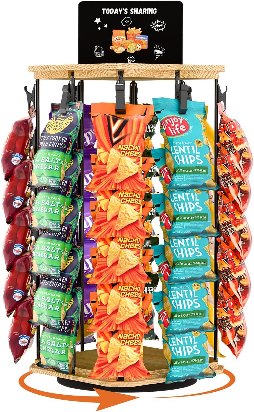 Chip Rack Display Stand, 5 Tiers 40 Clips Snack Organizer, 360°Rotating Wooden Base Chip Display Rack for Concession Stand, Countertop, Snack Stand, Party, With Message Board