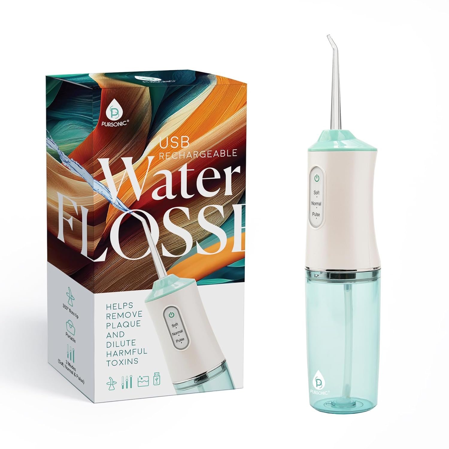 Pursonic USB Rechargeable Water Flosser 3 Modes Cordless Portable Plaque Removal Gum Health Detox 7 5oz Water Tank