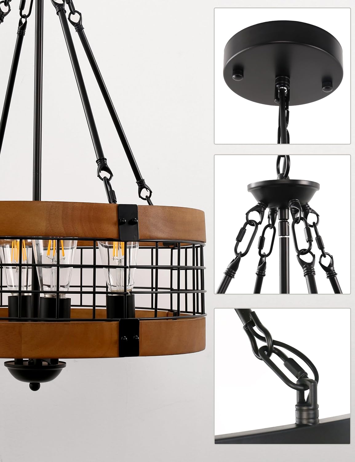 L LOHAS LED Rustic Farmhouse Chandelier for Dining Room, 4-Light Height Adjustable Round Chandeliers, Brown Wood and Black Iron Drum Chandelier for Bedroom, Living Room, Foyer, Kitchen, Entryway