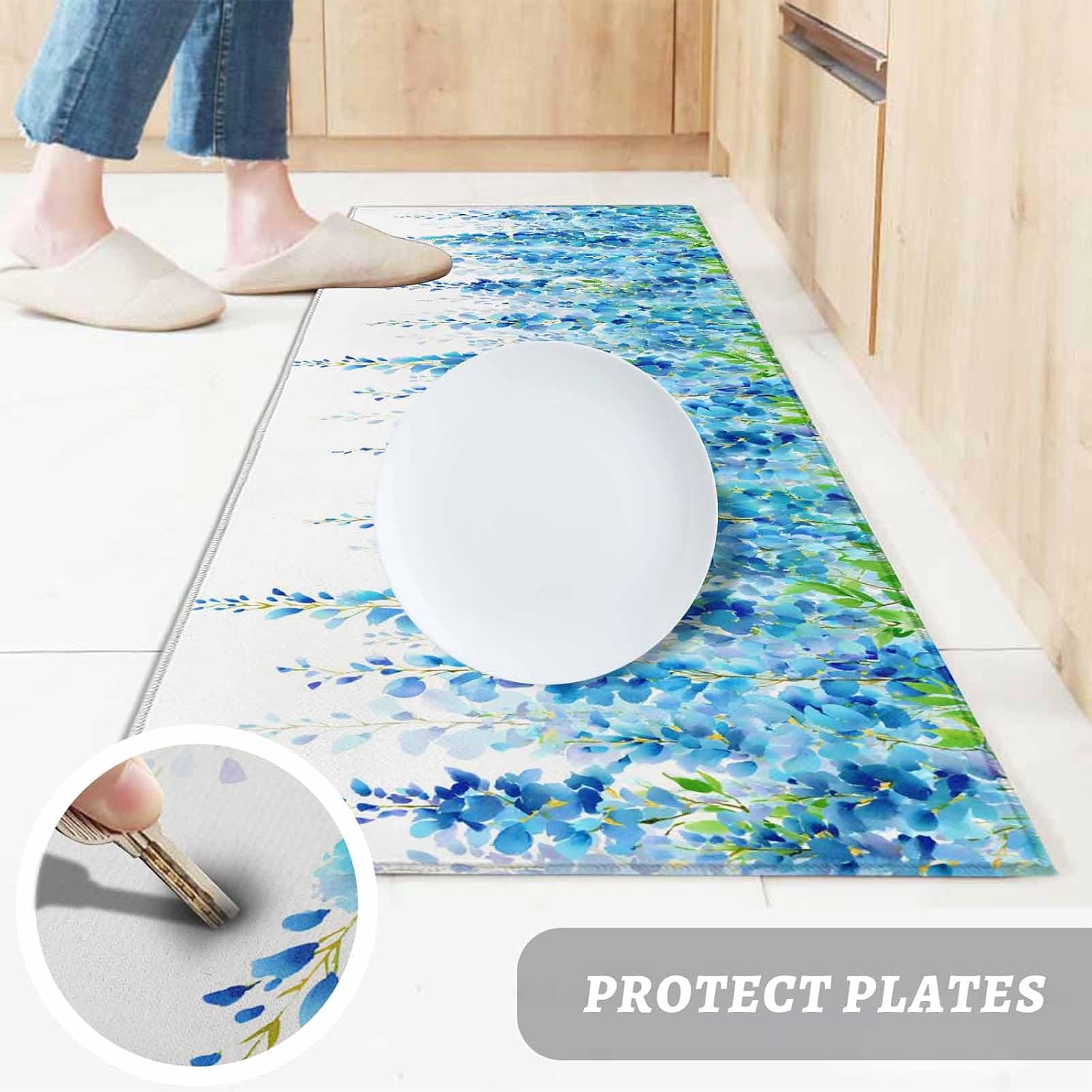 Teamery Kitchen Mats for Floor Watercolor Blue Green Leaves Washable Non Slip Kitchen Rugs 1PCS, Spring Hanging Foliage Absorbent Standing Mats for Sink Bathroom Office Living Room 15.7x47.2in